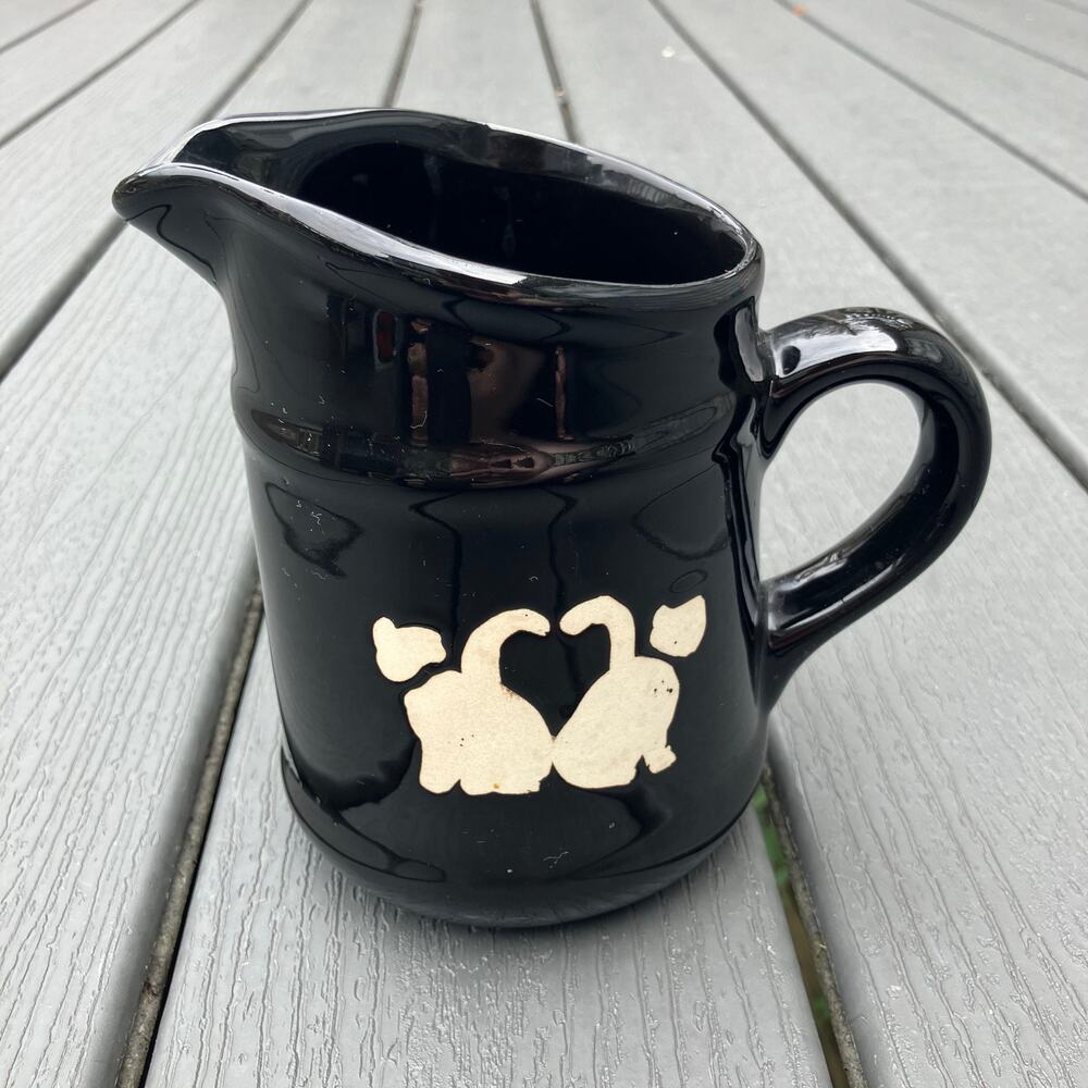 Vintage black ceramic pitcher with cats, cottagecore grandmacore